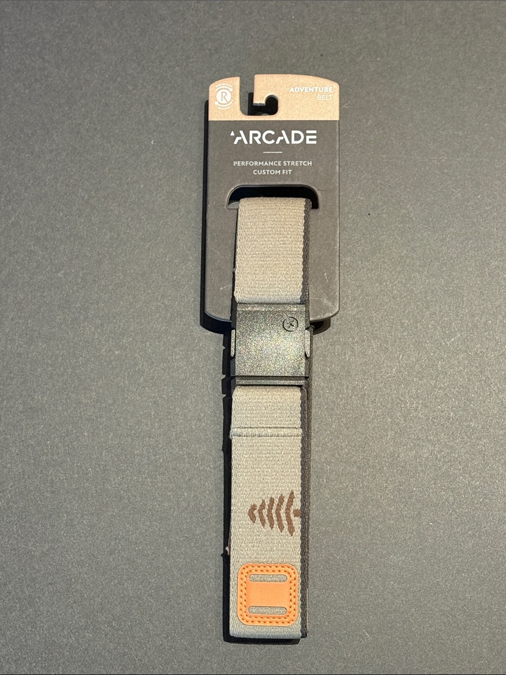 Arcade Stretch Belt in Taupe with Orange Tab